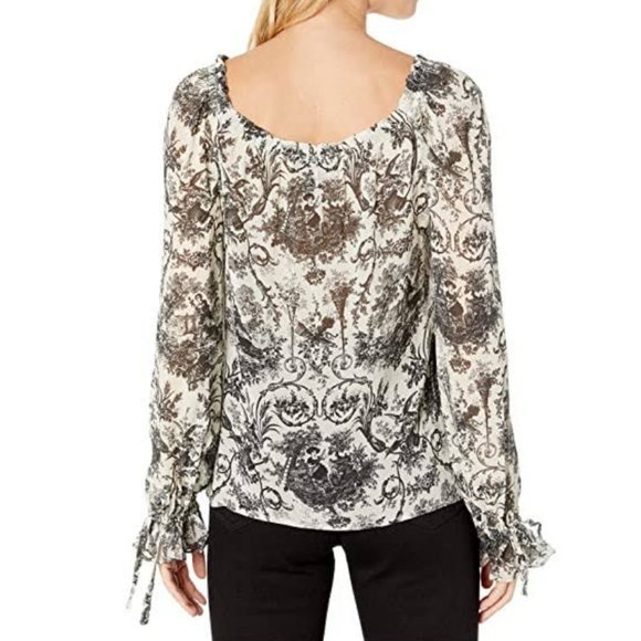 PAIGE Blouse 100% Silk Semi-Sheer Long Sleeves Toile Print Black Parchment S NWT - Picture 10 of 16